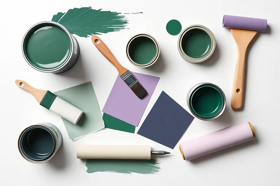 Pots de peinture, nuancier, brosses et rouleaux disposés à plat