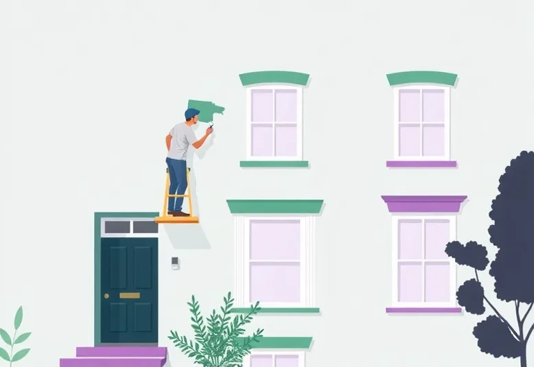 Peintre sur échafaudage traitant la façade d'une maison