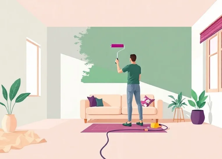 Peintre appliquant la peinture au rouleau sur un mur de salon